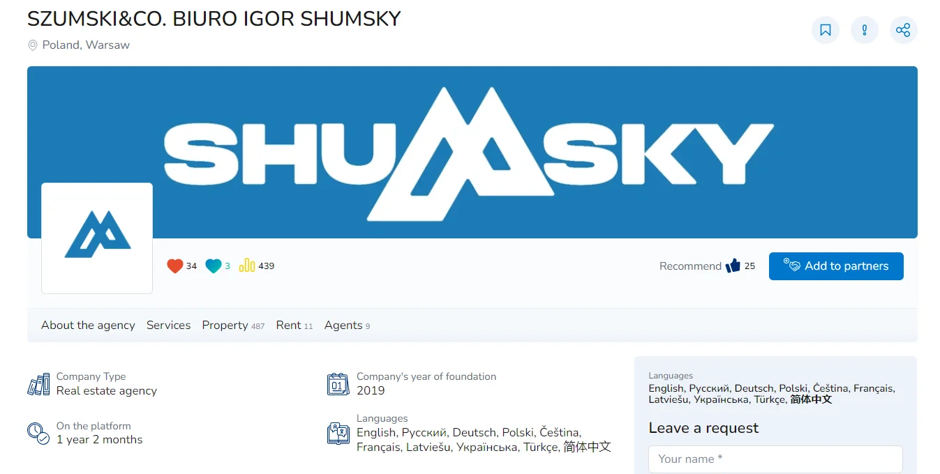real estate agency page on Realting with high rating and likes