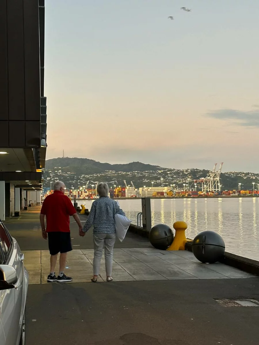 elderly couple holding hands