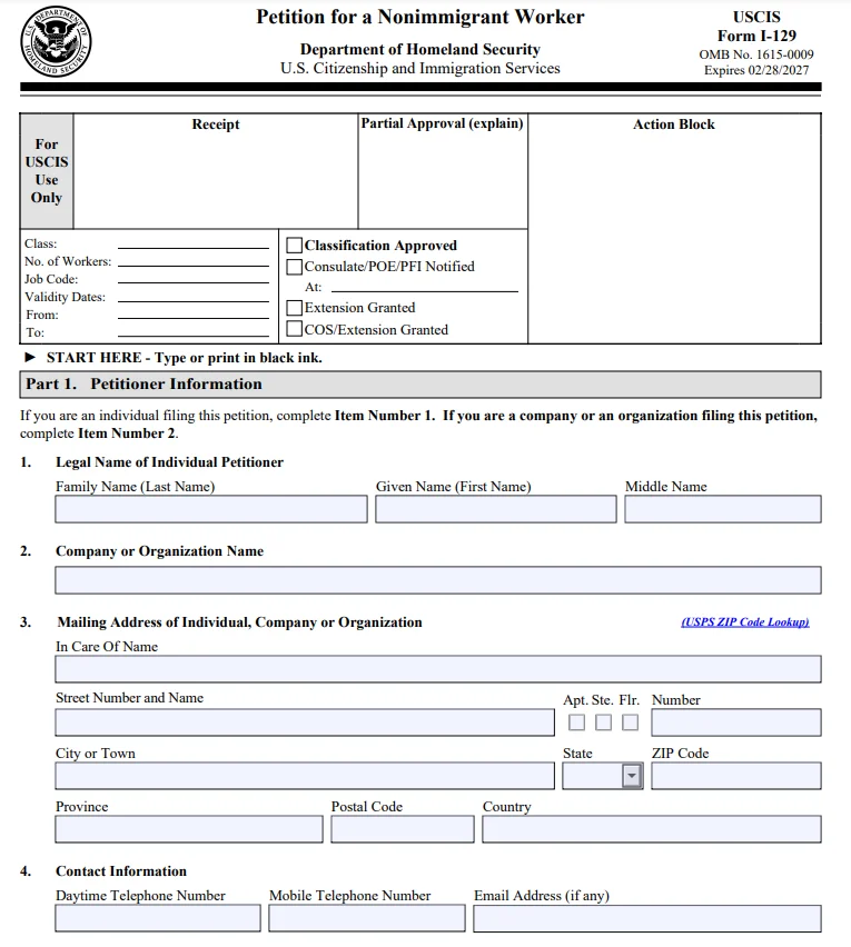 The first page of Form I-129