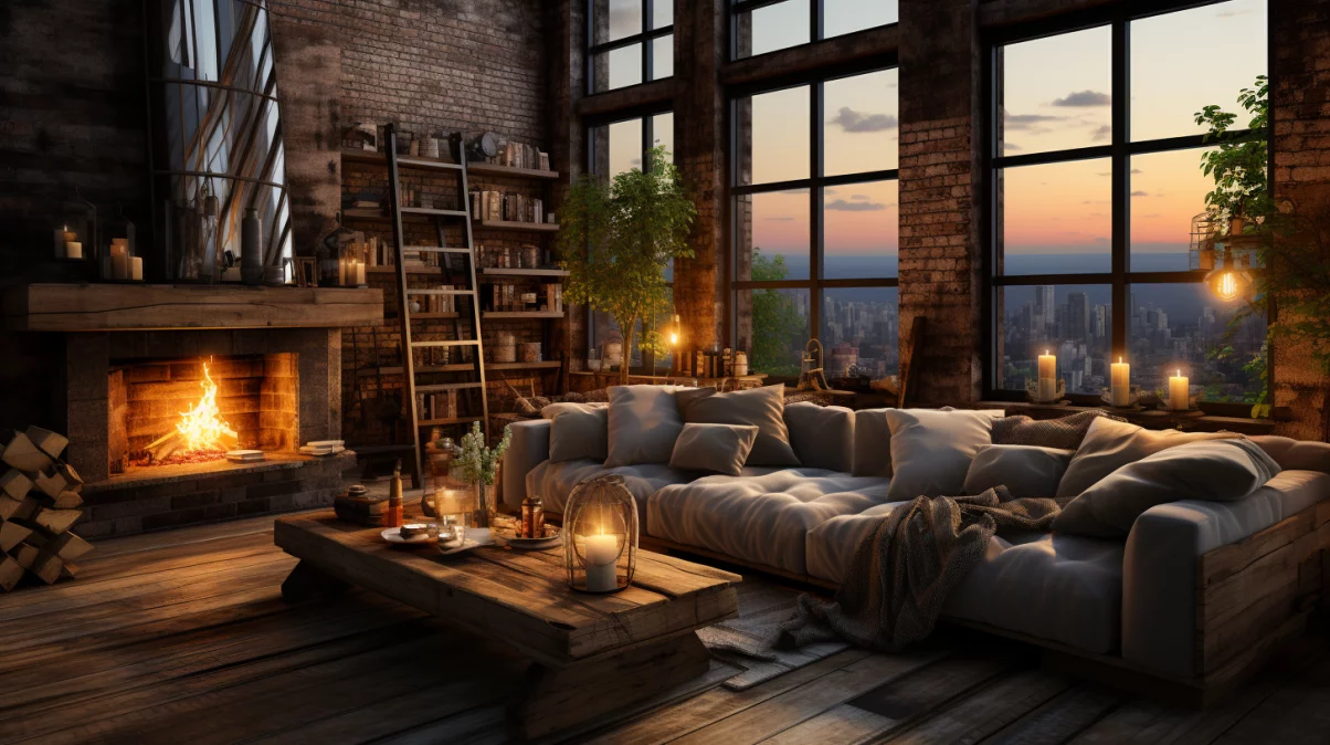 Large upholstered sofa and fireplace in a rustic living room