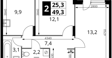 2 room apartment in Potapovo, Russia