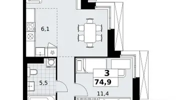 3 room apartment in Kommunarka, Russia