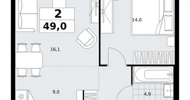 Wohnung 2 zimmer in Kommunarka, Russland