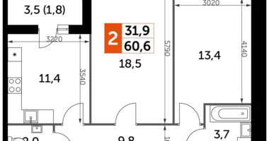 Apartamento 2 habitaciones en Razvilka, Rusia