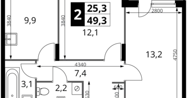 Apartamento 2 habitaciones en Potapovo, Rusia