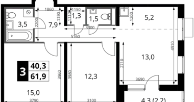 Apartamento 3 habitaciones en Potapovo, Rusia