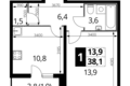 Квартира 1 комната 38 м² район Некрасовка, Россия