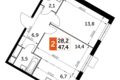 2 room apartment 47 m² Razvilka, Russia