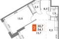 Apartamento 2 habitaciones 54 m² Konkovo District, Rusia