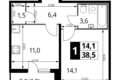 Квартира 1 комната 38 м² район Некрасовка, Россия