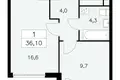 Квартира 1 комната 36 м² Юго-Западный административный округ, Россия