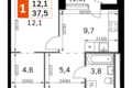 Квартира 1 комната 38 м² Москва, Россия