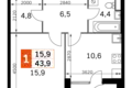 Квартира 1 комната 44 м² Москва, Россия