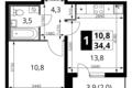Квартира 1 комната 34 м² Ленинский район, Россия