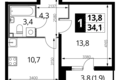 1 room apartment 34 m² Nekrasovka District, Russia