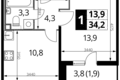 Квартира 1 комната 34 м² район Некрасовка, Россия