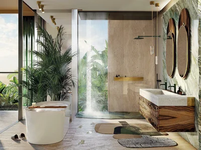 Residential complex New residence Eywa with swimming pools, lounge areas and waterfalls on the bank of the canal, Business Bay, Dubai, UAE