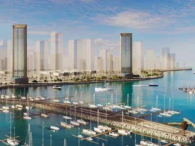 Residential complex New Saria Residence with swimming pools and lounge areas close to the yacht club, Dubai Maritime City, Dubai, UAE