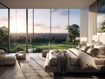 Residential complex New tower in the premium Golf Greens project with golf islands, infinity pools and an expansive green space, DAMAC Hills, Dubai, UAE