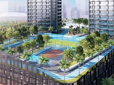 Wohnanlage New complex of furnished apartments Ananda Residences with a swimming pool and sports grounds, Motor City, Dubai, UAE