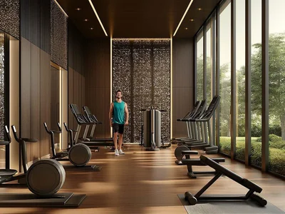 Wohnanlage New complex of furnished apartments Ananda Residences with a swimming pool and sports grounds, Motor City, Dubai, UAE