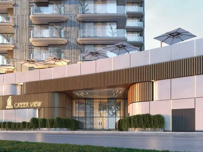 Residential complex New residence Iraz Creek View with a swimming pool and gardens on the shore of Dubai Creek, Al Jaddaf Waterfront, Dubai, UAE