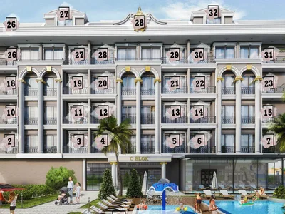 Complexe résidentiel New residence with a swimming pool, a tennis court and a mini golf course close to the sea and the city center, Oba, Turkey