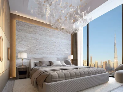 Wohnanlage New high-rise Sky Tower Residence with a pool, a garden and a restaurant close to the canal, in the central area of Business Bay, Dubai, UAE
