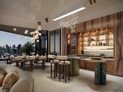 Residential complex New residence Eywa with swimming pools, lounge areas and waterfalls on the bank of the canal, Business Bay, Dubai, UAE
