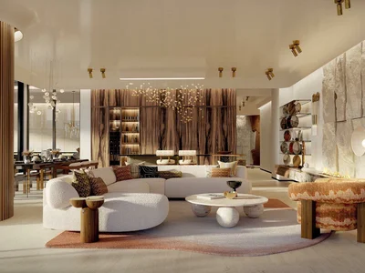 Residential complex New residence Eywa with swimming pools, lounge areas and waterfalls on the bank of the canal, Business Bay, Dubai, UAE
