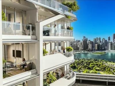 Residential complex High-rise residence Vento Tower with a swimming pool and a co-working area in the center of Dubai, Business Bay, UAE