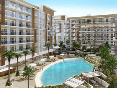 Residential complex New residence Beach Oasis 2 with a swimming pool and a manmade beach, Dubai Studio City, Dubai, UAE