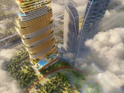 Zespół mieszkaniowy New high-rise Sapphire Residence with swimming pools, a spa center and a co-working area near the canal and a highway, Al Safa, Dubai, UAE